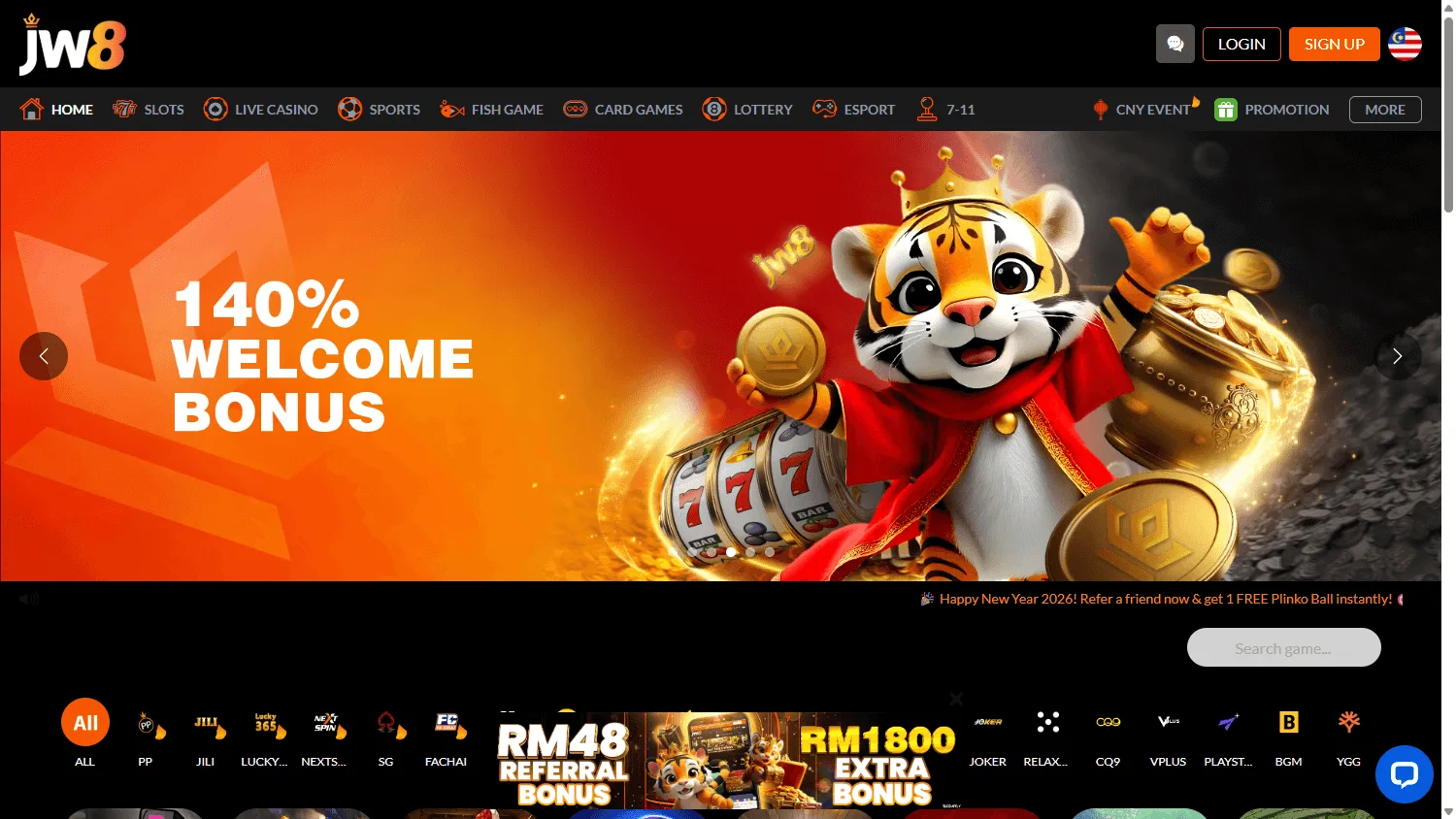 JW8 Casino desktop home view