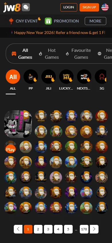 JW8 Casino mobile games view